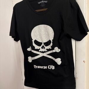 Le Lotus Bleu Traverse City rhinestone skeleton, black T-shirt